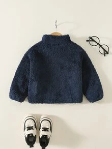 SHEIN 男嬰秋冬休閒立領抓絨長袖夾克，嬰兒夾克，藍色夾克 - 彩色 - 查看 2
