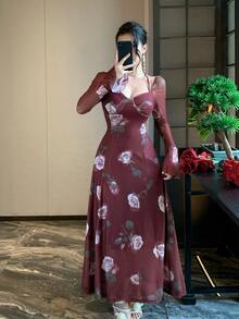 DAZY Women's Floral Print Sweetheart Neck Halter Flared Sleeve Elegant Dress - Burgundy - View 6
