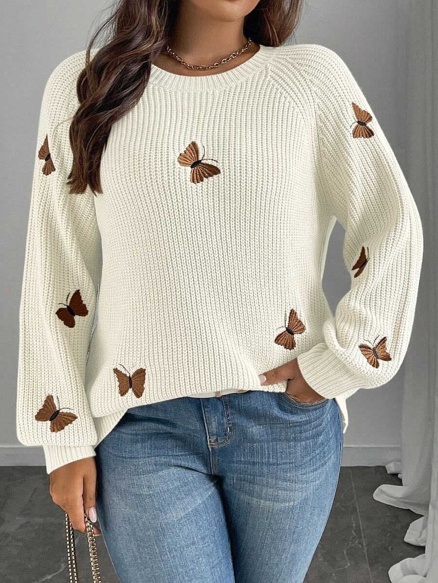 Linhara CURVE Women's Solid Color Knit Bow Embroidery Long Sleeve Regular Fit Elegant Autumn/Winter Pullover Sweater - Beige - View 1
