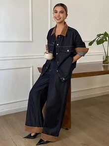 DAZY Women's Loose Jacket And Long Pants Casual Denim Set - Dark Wash - View 6