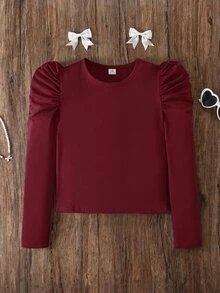 SHEIN Tween女孩長袖兒童上衣，白色純色修身襯衫，可愛優雅休閒時尚，適合夏季校園正式場合與秋季開學季 - 酒紅色 - 查看 4
