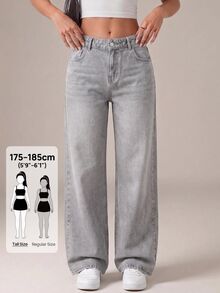 SHEIN Tall بنطلون جينز نسائي كاجوال رمادي فاتح بساق واسعة - أزرق فاتح - مشاهدة 1