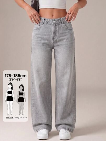 SHEIN Tall Jeans en denim gris délavé clair à jambes larges décontractés pour femmes