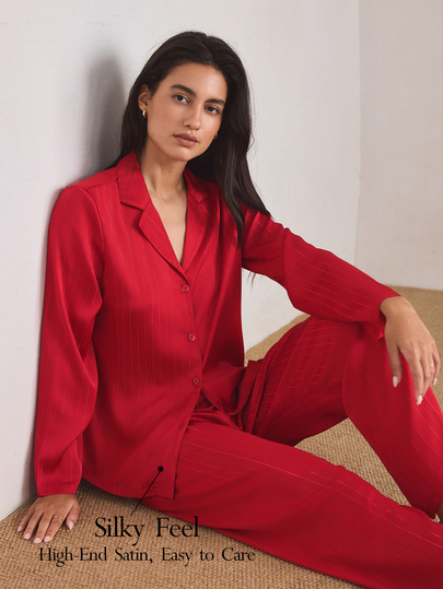 Ocili Women's Glossy Gold Thread Comfortable Satin Lapel Long Sleeve Long Pants Pajama Set