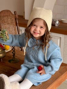 DAZY Baby Girl Bow Decor Long Sleeve Cable Knit Sweater And Knitted Shorts Casual Set - Blue - View 8
