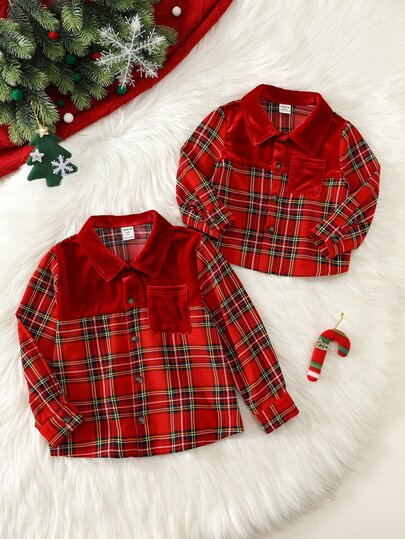 SHEIN Baby Boy Fashion Plaid Button Long Sleeve Shirt Christmas Family Matching Outfit