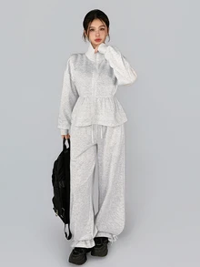 DAZY Women's Solid Color Zip-Up Long Sleeve Sweatshirt And Wide Leg Pants Sports Set - Light Grey - View 5