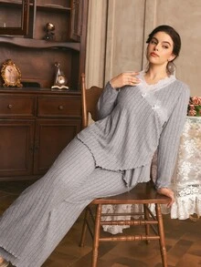 Côtesoire Plus Size Women's Comfortable Ribbed Lace Long Sleeve V-Neck Knit Pajama Set - Light Grey - View 6