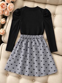 SHEIN Tween Girls Puff Long Sleeve Bow Top And Pleated Skirt Two Pieces Preppy Outfit Set - Multicolor - View 2