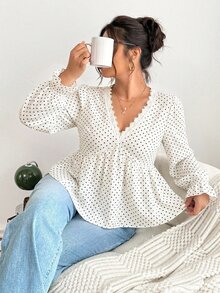 SHEIN Frenchy Plus Size Women's Contrast Lace V-Neck Polka Dot Pattern Long Sleeve Fashion Blouse - Apricot - View 5