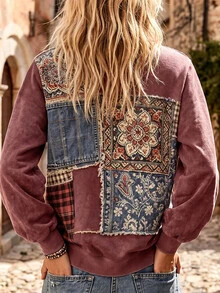 Breezaya Plus Size Women's Vintage Boho Floral Plaid Print Patchwork Sweatshirt,Long Sleeve Crew Neck Pullover Casual Loose Streetwear Top,Fall Women Outfits - Multicolor - View 2