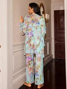 Slumberist Sweet Floral Frill Trim Camisole Set With Waist Tie, Long Sleeve Robe And Wide Leg Pants, 3 Pieces Loungewear - Green - View 2