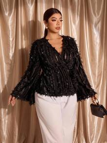 Cravure Plus Size Women's Fashion Elegant Best Friend Party Lace Asymmetric Hem Simple Inner Layer Long Sleeve Top - Black - View 3