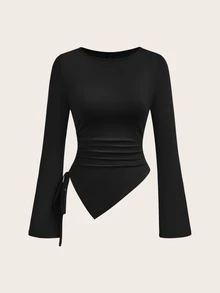 SHEIN EZwear Women's Solid Color Long-Sleeve Crew Neck T-Shirts With Ruched Side Drawstring & Asymmetric Hem (2-Pack) - Multicolor - View 3
