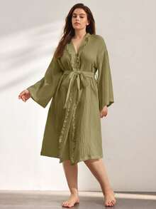 Ocili Leisure Pure Cotton Double Layer Crepe Fabric Minimalist Comfortable Frill Trim Long Robe Women's Loungewear Plus Size - Dark Green - View 4