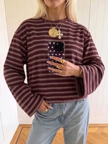 SHEIN EZwear 海外長袖酒紅條紋襯衫，秋季上衣，適合日常通勤、聚會、秋冬春夏、聖誕節、新年、感恩節、派對、婚禮、海灘、畢業典禮、優雅、外出、約會、通勤、情人節、優雅、度假、Y2K、畢業典禮及其他場合 - 彩色 - 查看 3