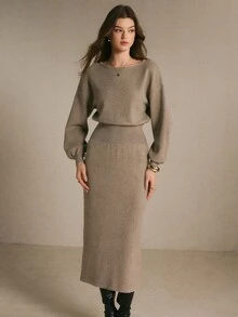 Poéselle 2 Pieces Knit Outfit Drop Shoulder Round Neck Sweater & High Waist Midi Skirt Set - Mocha Brown - View 3