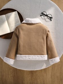 SHEIN 女童秋冬新款大領休閒拼接抓絨與燈芯絨複合保暖短夾克，適合外出、街拍、返校、日常百搭穿搭 - 卡其色 - 查看 2