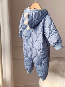 SHEIN 男女通用新生兒嬰兒/幼兒秋冬保暖內裡加厚可愛藍色恐龍連帽連身衣，男嬰冬季連身衣/吊帶褲/雪衣 - 藍色 - 查看 2