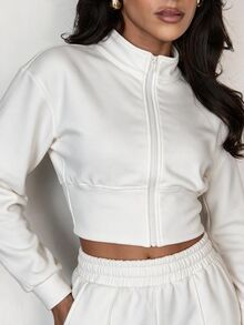 Glamine Stand Collar Zipper Short Jacket + High Waist Elastic Waist Pressed Line Wide Leg Sweatpants Solid Color 2 Pieces Sports Set - White - View 4