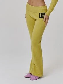 MUSERA Fold Over Ribbed Low Waist Graphic Knitted Fitted Flare Jogger Cute Daily Vintage Y2K Back To School Primary - Yellow - View 3