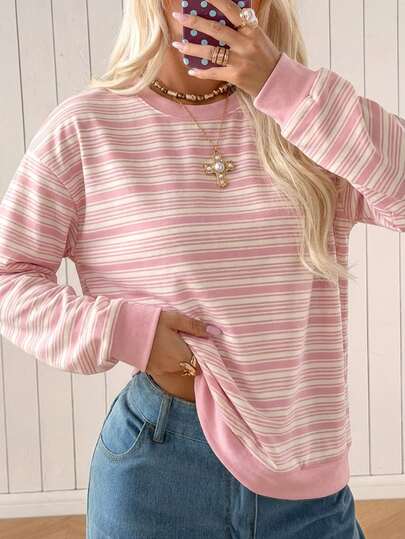 SHEIN EZwear סווטשירט רחב עם צוואון עגול לנשים, סווטשירט מפוספס, ביגוד נשים לסתיו/חורף