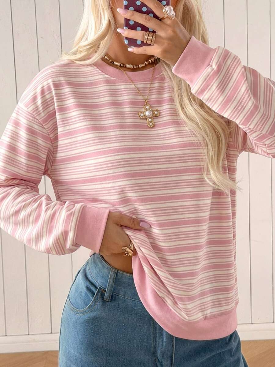 SHEIN EZwear 女款休閒圓領寬鬆條紋運動衫,秋冬女裝 - 彩色 - 查看 1
