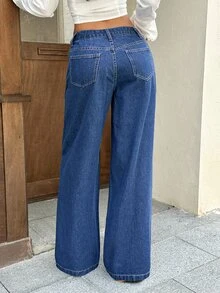 Rivivi 女款對比蕾絲口袋設計寬腿寬鬆休閒牛仔褲 - 藍色 - 查看 2