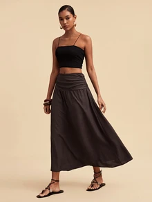 Travachic Women's Solid Color High Waist Pleated Casual Skirt - Coffee Brown - View 3