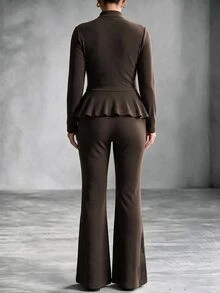 Auvina Setelan Rajut Cokelat 2 Potong untuk Wanita Ukuran Besar, Atasan Peplum Kerah Tegak dengan Kancing Katak Cina & Celana Panjang Lebar Pinggang Tinggi untuk Musim Gugur dan Musim Dingin - Coklat - View 2