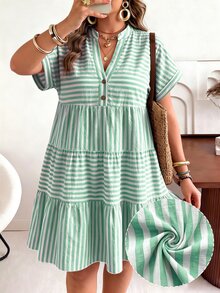 Ceyna 大尺碼 V 領 Polo 袖休閒波希米亞風水洗紗布皺褶洋裝 白色夏季度假早午餐沙灘正式商務穿搭 - 綠色 - 查看 1