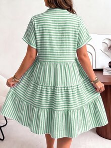 Ceyna 大尺碼 V 領 Polo 袖休閒波希米亞風水洗紗布皺褶洋裝 白色夏季度假早午餐沙灘正式商務穿搭 - 綠色 - 查看 2
