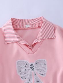 SHEIN Sparklyn 青少年女孩可愛休閒秋冬拼接 2 合 1 蝴蝶結圖案熱轉印刷毛衛衣 - 粉色 - 查看 5