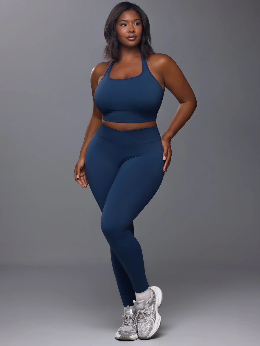 Voyena Plus Size Women's Solid Color Cropped Halter Tank Top And Leggings Seamless Sports Set - Dusty Blue - View 1
