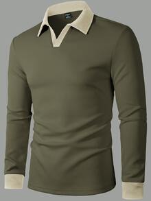 Manfinity Homme 男士拼色領長袖 Polo 衫，休閒外出款，適合丈夫，秋季，正式場合 - 綠色 - 查看 4