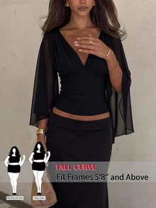 SHEIN Tall CURVE Plus Size Women's Solid Color Deep V-Neck 3/4 Sleeve Pleated Fitted Sexy Blouse - Black - View 3