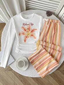 SHEIN 青少年女孩 T-Shirt 套裝 秋冬/春季休閒日常穿著 圓領長袖熱帶花卉印花白色 T-Shirt + 橘色編織條紋彈性抽繩長褲套裝 度假穿搭 - 橘色 - 查看 5
