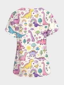 PopScrub Top de blouse infirmière pour femme, style graffiti peint à la main, imprimé coloré dinosaure nœud-en-ciel et plante, couleur abricot clair, mode automne/été, col en V, manches courtes, double poche, fente latérale, vêtement de travail, Top de blouse chirurgical mignon pour femme, Top d'uniforme de blouse - Multicolore - Voir 2