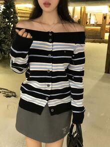 DAZY Women's Striped Off-The-Shoulder Loose Sweater - Black - View 2