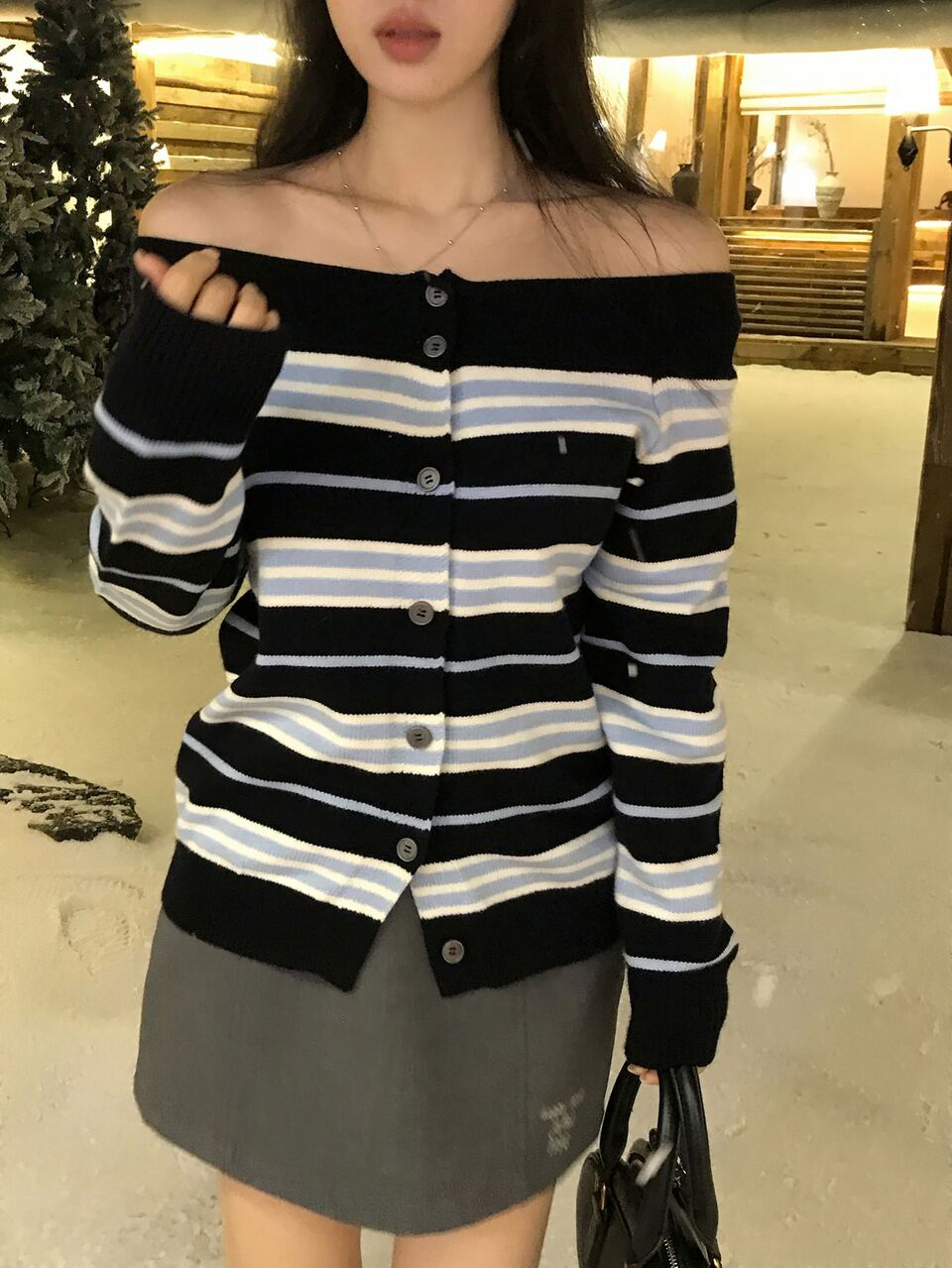 Women's Striped Off-The-Shoulder Loose Sweater