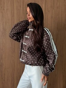 Aloruh Women's French Stripe & Polka Dot High Neck Zip-Up Jacket,Autumn,Winter - Brown - View 7
