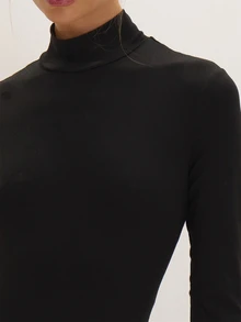 MUSEYN Black Jersey High Neck Bodysuit Versatile Lounge Everyday Date Night Chic New Season Fall - Black - View 5