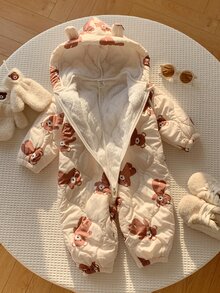 SHEIN 中性新生兒嬰兒男/女童、幼兒秋冬保暖內裡加厚可愛熊造型連帽連身衣、嬰兒冬季連身衣、雪衣、吊帶褲 - 杏色 - 查看 3