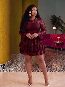 Slaydiva Vestido de encaje con volantes en el bajo para otoño, talla grande - Burdeos - Ver 5
