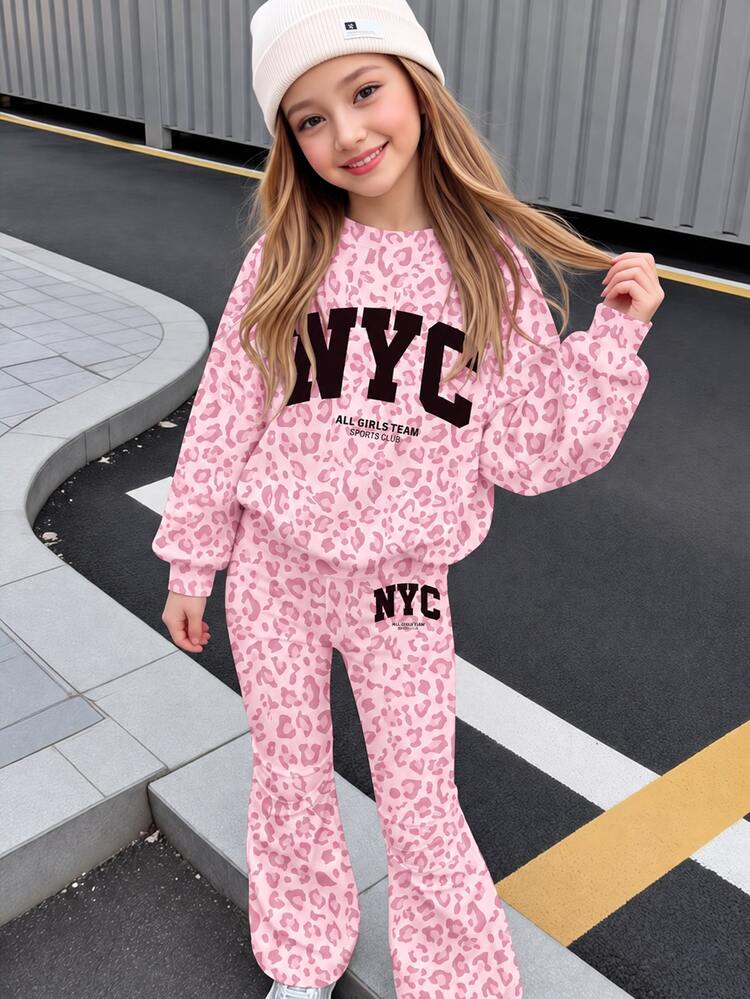 Tween Girl Leopard & Tween Girl Letter Graphic Drop Shoulder Autumn Winter Sweatshirt & Flare Leg Sweatpan - White - View 1