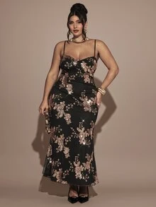 SHEIN BAE CURVE Plus Size Women's Black Sequin Long Spaghetti Strap Tank Dress - Gold - View 1
