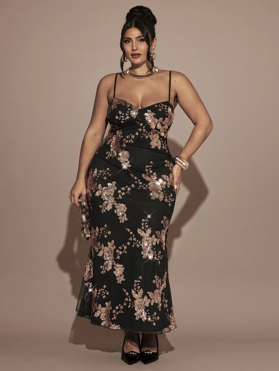 SHEIN BAE CURVE Plus Size Women's Black Sequin Long Spaghetti Strap Tank Dress - Gold - View 1