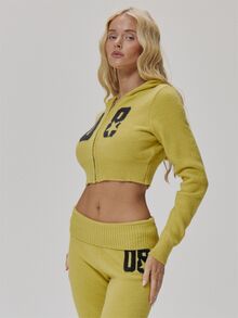 MUSERA Graphic Knitted Zip Through Cropped Hoodie Cute Daily Vintage Y2K Back To School Primary - Yellow - View 4