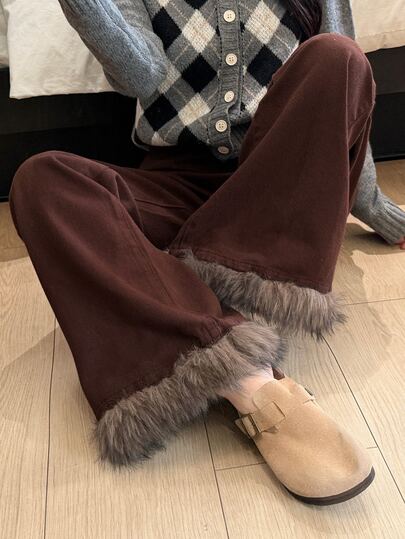 DAZY Women's Brown Denim Jeans With Faux Fur Collar Patchwork, Slight Flare Leg, Casual Street Sweet Commute Style, Autumn/Winter