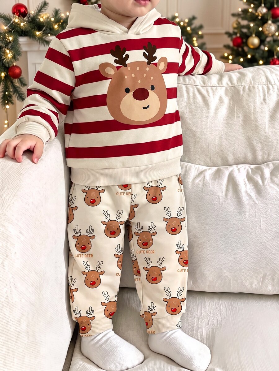 Young Boys Casual Minimalist Loose Fit Long Sleeve Hooded Sweatshirt 2 Pieces Set, Suitable For Autumn/Winter, Classic Christmas Stripe Pattern Print, Classic Christmas Cartoon Reindeer Pattern Print, Suitable For Christmas - Multicolor - View 1